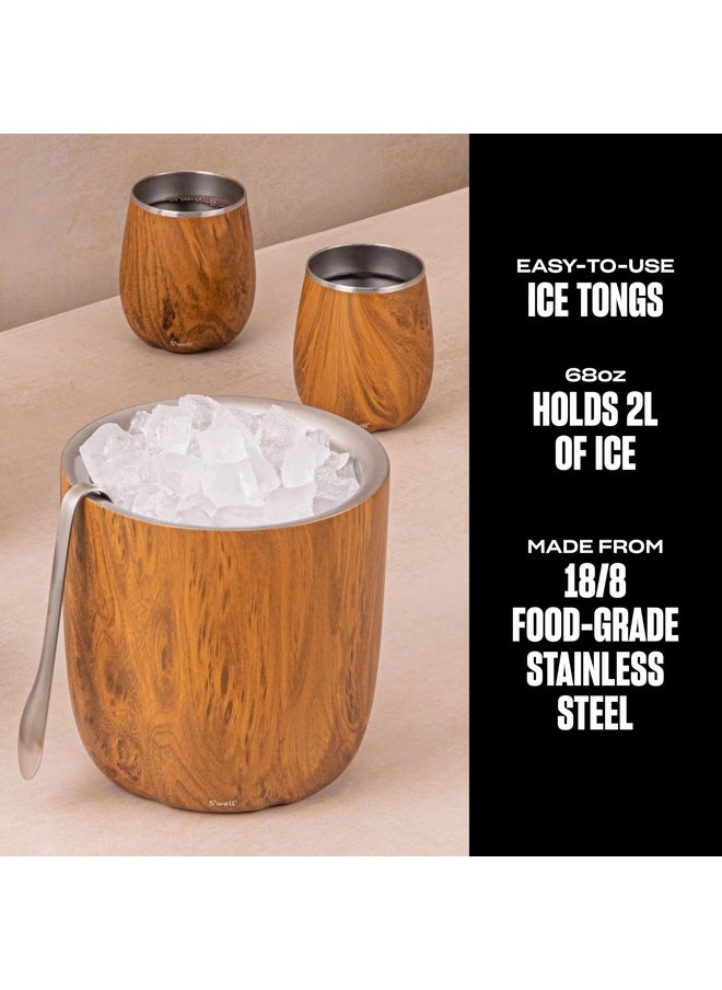 S'well Stainless Steel Ice Bucket with Tongs - Holds 68oz of Ice - Teakwood - Triple-Layered Vacuum-Insulated Container Designed to Keep Ice Colder, Longer - BPA-Free Designer Barware Accessories