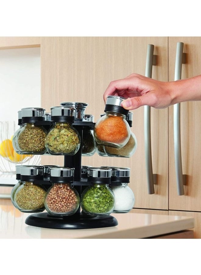 16-Piece Glass Spice Jar Set With Rack /Black