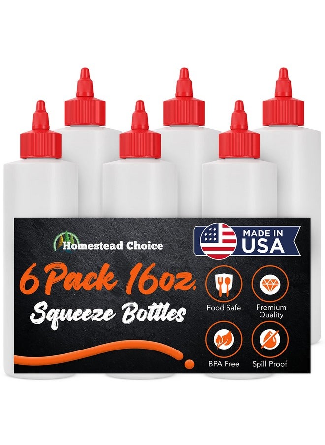 Made in USA Condiment Squeeze Bottles 16 OZ, 6 Pack Squirt Bottles for Sauces Liquids BPA Free Condiment Bottles with Twist Cap Ketchup, Syrup, Oil, Dressings, Honey, BBQ, Arts Crafts