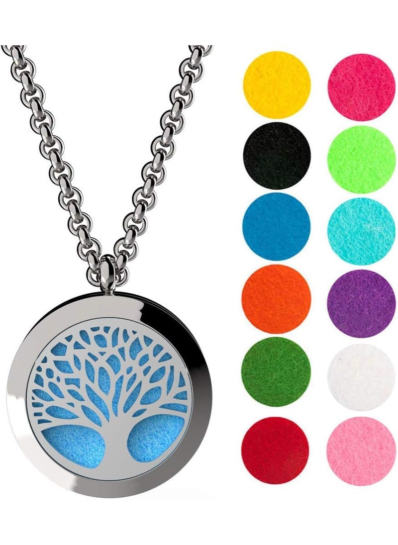 Wild Essentials Tree of Life Essential Oil Diffuser Necklace, Stainless Steel Locket Pendant with 24 inch Chain, 12 Color Refill Pads, Customizable Color Changing Perfume Jewelry for Aromatherapy