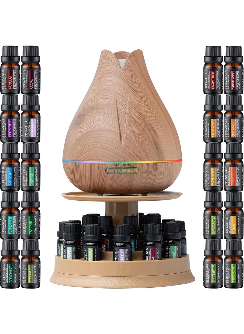 Aromatherapy Essential Oil Diffuser Gift Set with 20 Oils and Rotating Display Stand - 400ml Ultrasonic Diffuser with 20 Essential Plant Oils - 4 Timer & 7 Ambient Light Settings