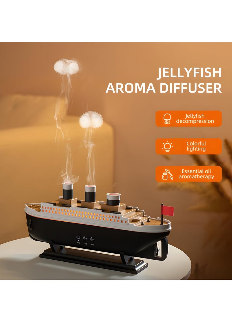 250ml Ship Essential Oil Diffuser & Cool Mist Humidifier – Vintage Aromatherapy with Jellyfish Smoke Ring Spray, 4 LED Light Modes, 28dB Ultra-Quiet, 8H Timer, Auto Shut-Off, Remote Control, BPA-Free – Perfect for Home, Office, Baby & Gifts
