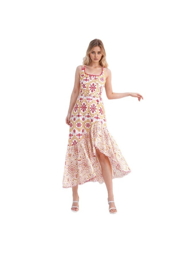 Embroidered Midi Dress with Irregular Hem