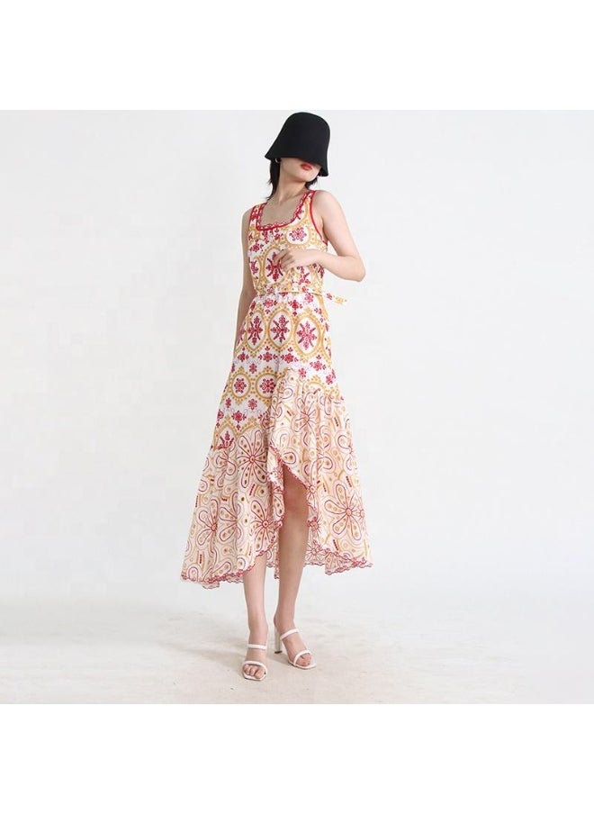 Embroidered Midi Dress with Irregular Hem