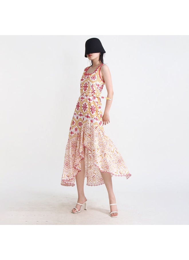 Embroidered Midi Dress with Irregular Hem
