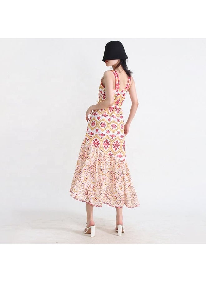 Embroidered Midi Dress with Irregular Hem
