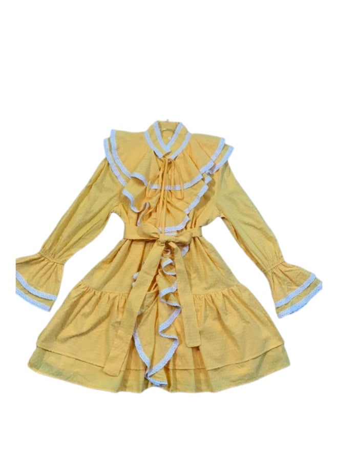 Sweet Retro Tie Neck Long-Sleeved Dress