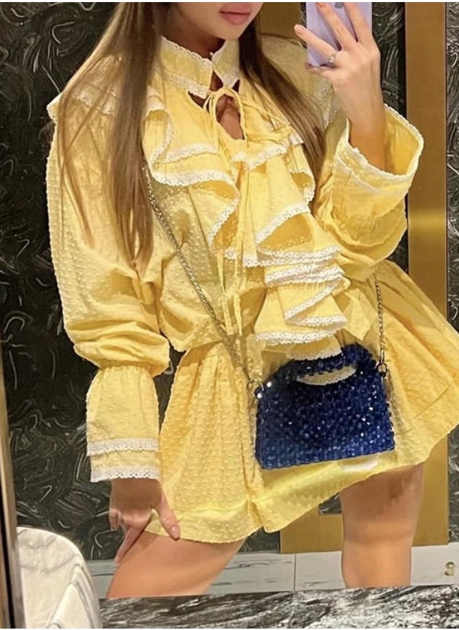Sweet Retro Tie Neck Long-Sleeved Dress