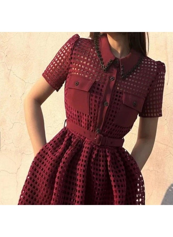 Lace Up Hollow Retro Wine Red Dress