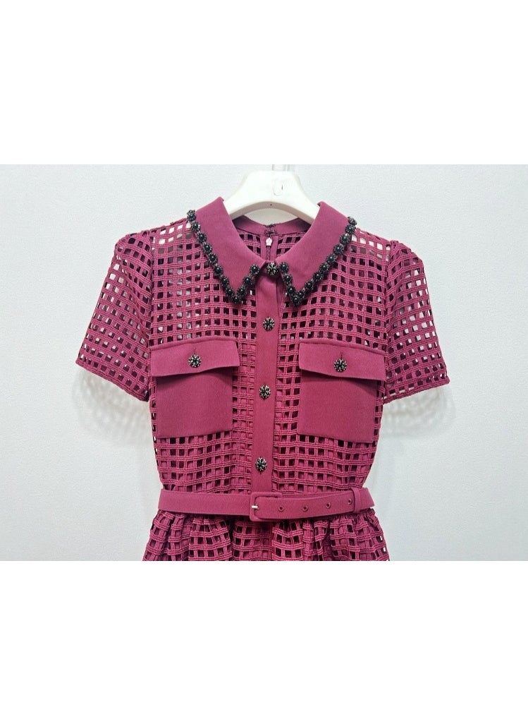 Lace Up Hollow Retro Wine Red Dress