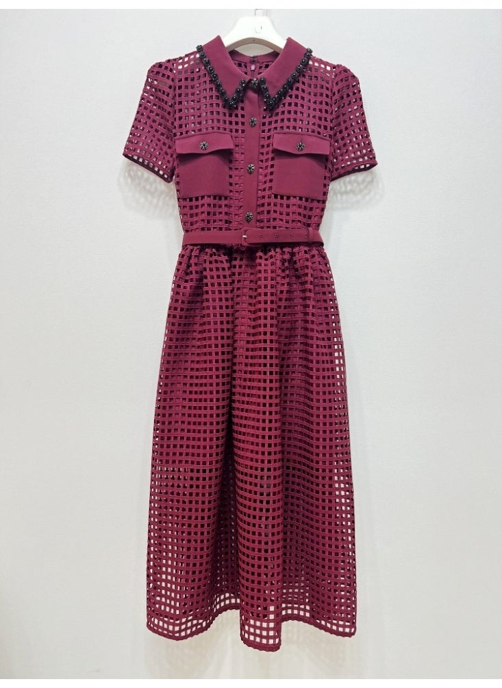 Lace Up Hollow Retro Wine Red Dress