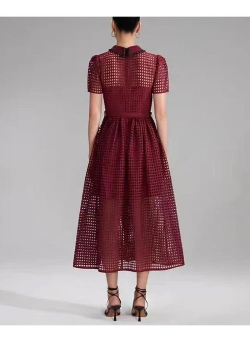 Lace Up Hollow Retro Wine Red Dress