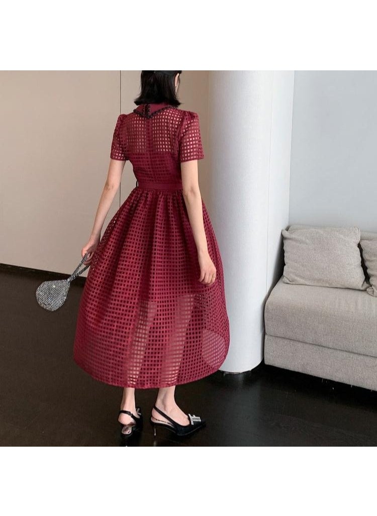Lace Up Hollow Retro Wine Red Dress