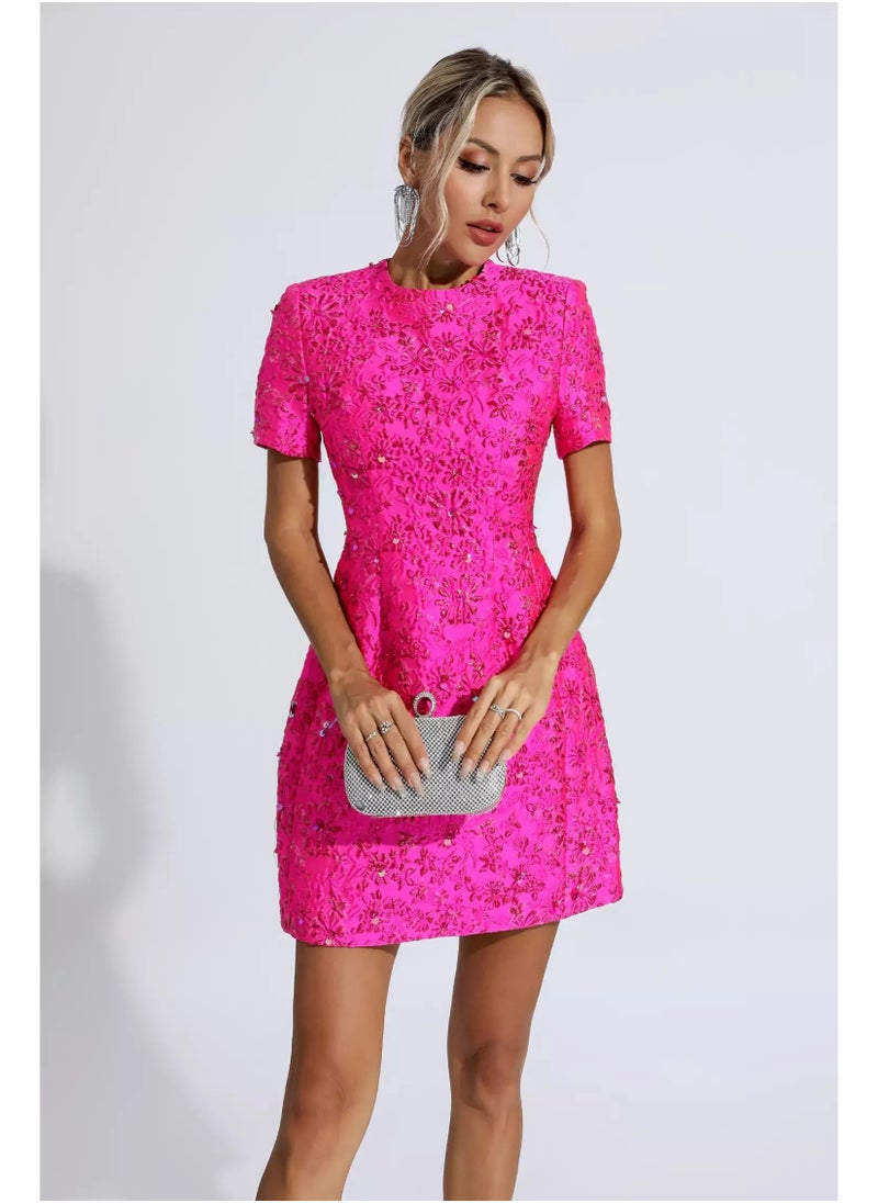 Luxury Pink Office Lady Dress with Short Sleeves