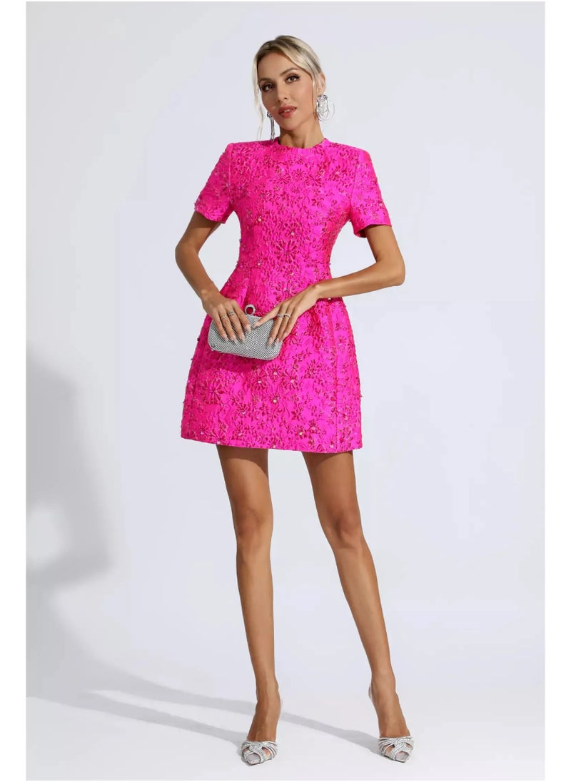 Luxury Pink Office Lady Dress with Short Sleeves