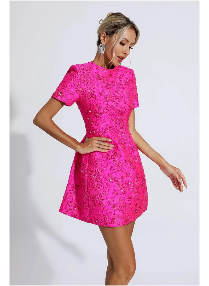 Luxury Pink Office Lady Dress with Short Sleeves