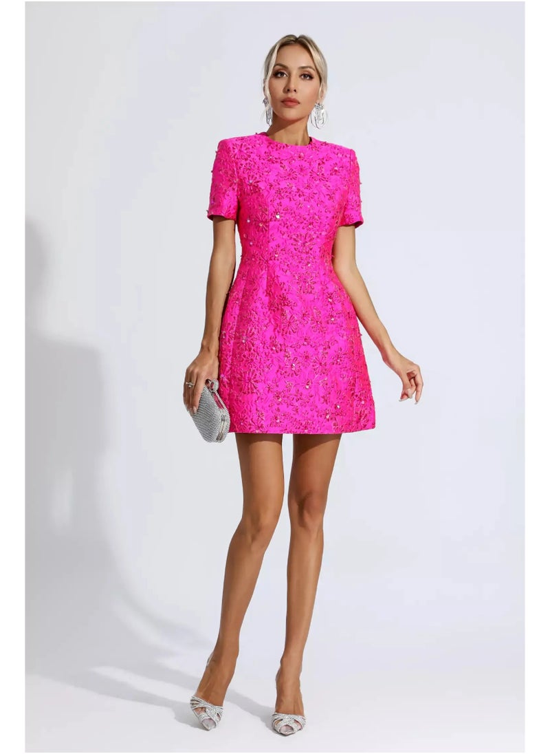 Luxury Pink Office Lady Dress with Short Sleeves