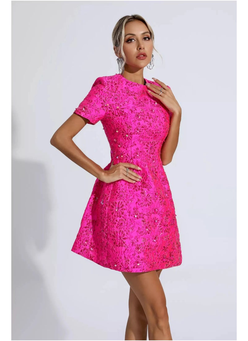 Luxury Pink Office Lady Dress with Short Sleeves