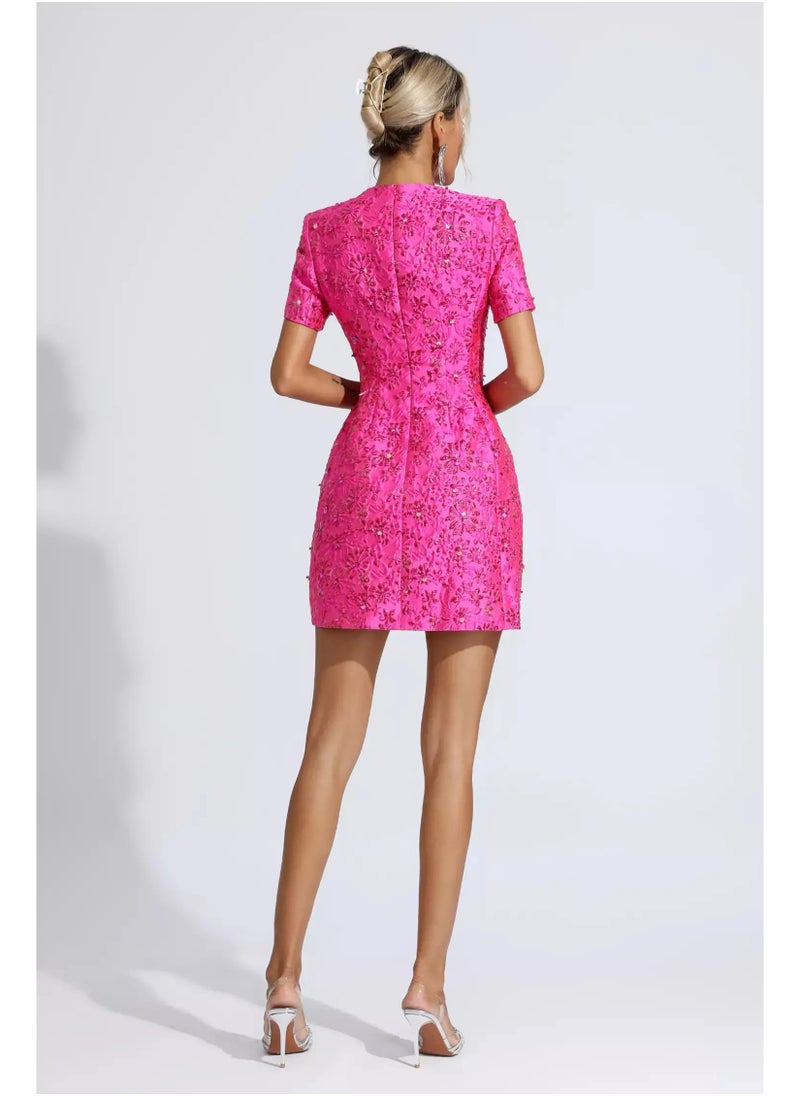 Luxury Pink Office Lady Dress with Short Sleeves