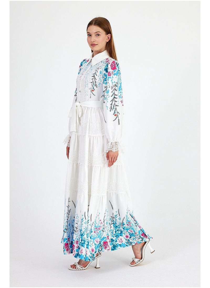 Layered Lace and Belted Floral Print Dress