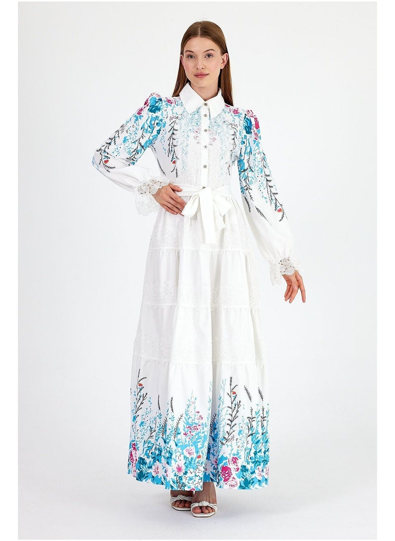 Layered Lace and Belted Floral Print Dress