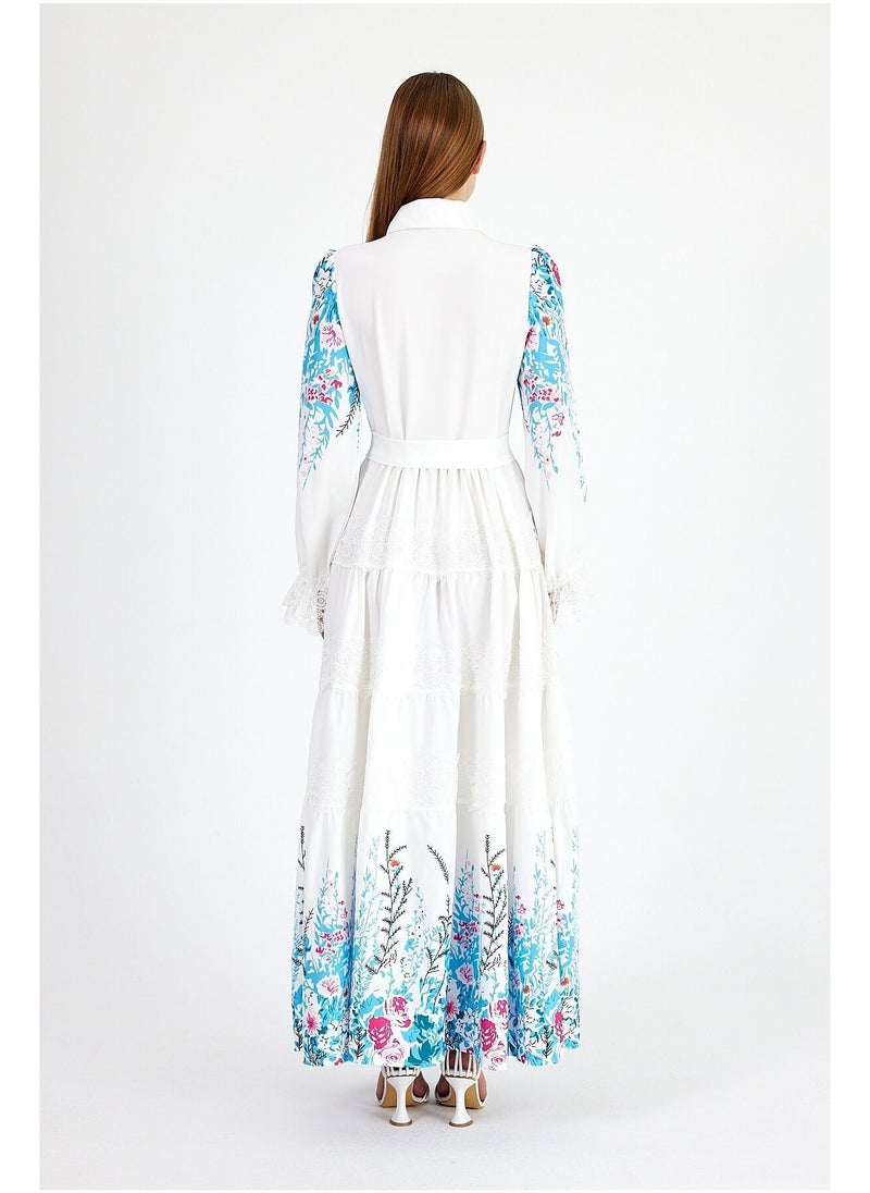 Layered Lace and Belted Floral Print Dress
