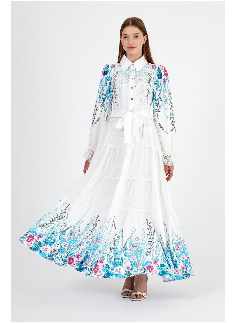 Layered Lace and Belted Floral Print Dress