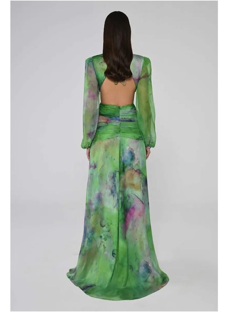 Hollow Waist Chiffon Pleated Long Sleeve Dress