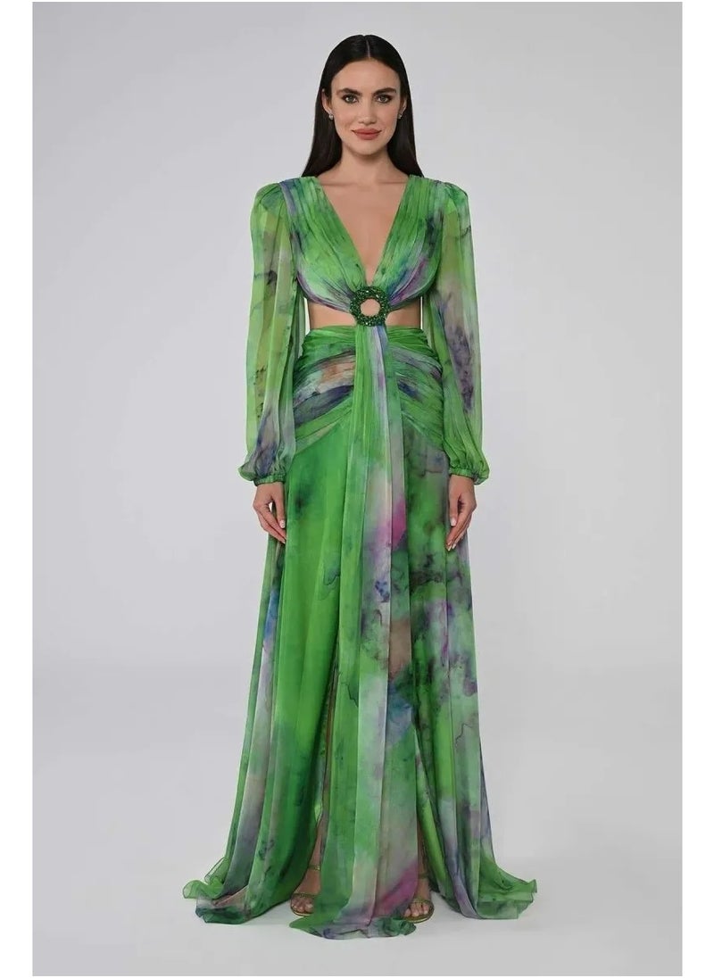 Hollow Waist Chiffon Pleated Long Sleeve Dress