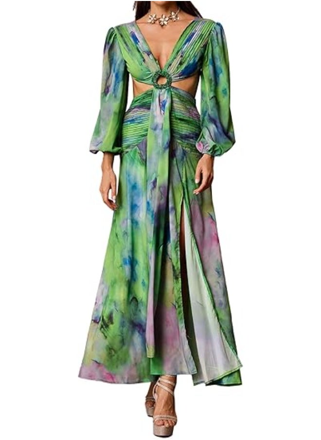 Hollow Waist Chiffon Pleated Long Sleeve Dress