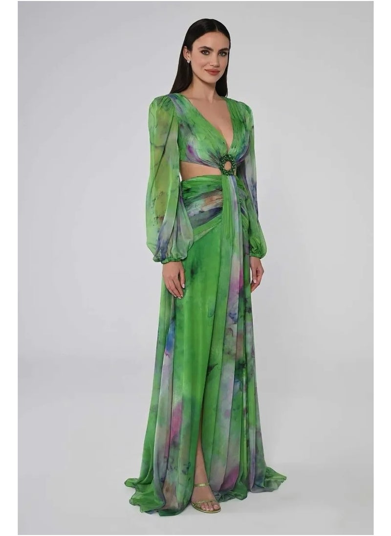 Hollow Waist Chiffon Pleated Long Sleeve Dress