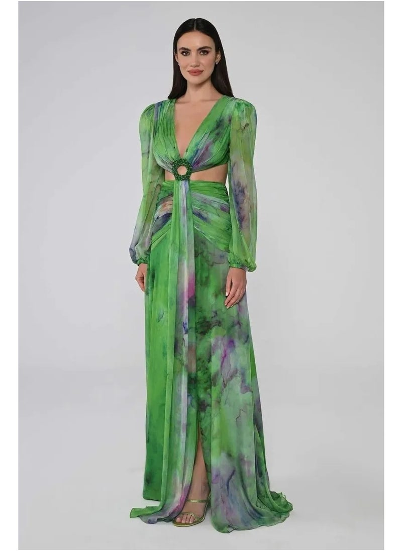 Hollow Waist Chiffon Pleated Long Sleeve Dress