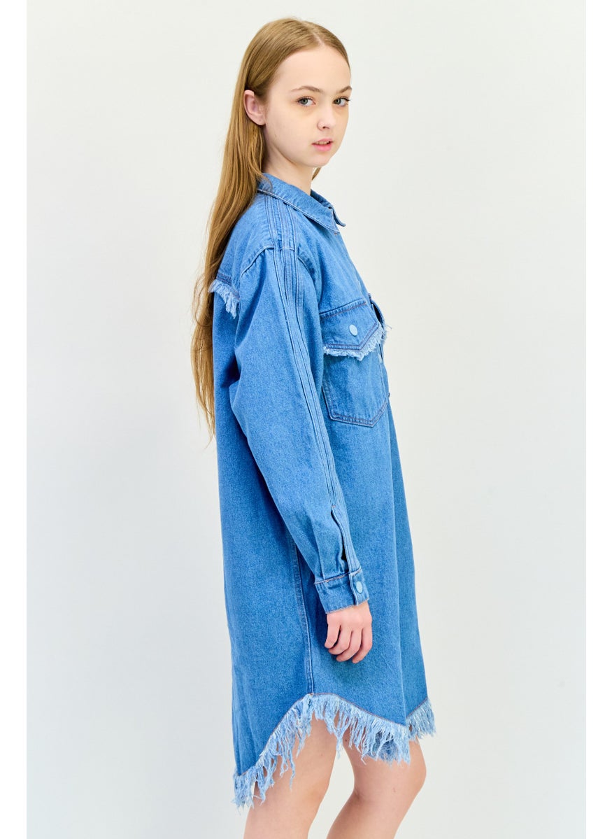 Women Sportswear Fit Washed Denim Outdoor Shirt Dress, Blue