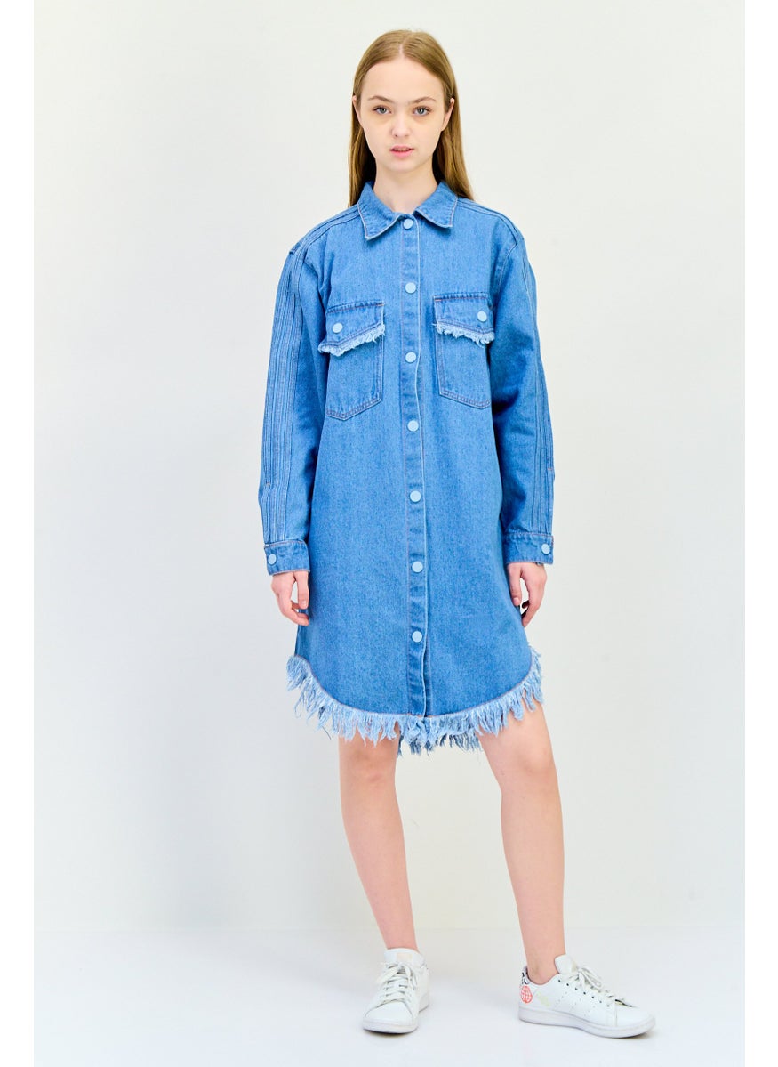 Women Sportswear Fit Washed Denim Outdoor Shirt Dress, Blue