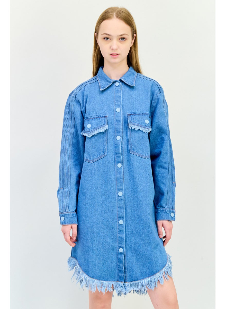 Women Sportswear Fit Washed Denim Outdoor Shirt Dress, Blue