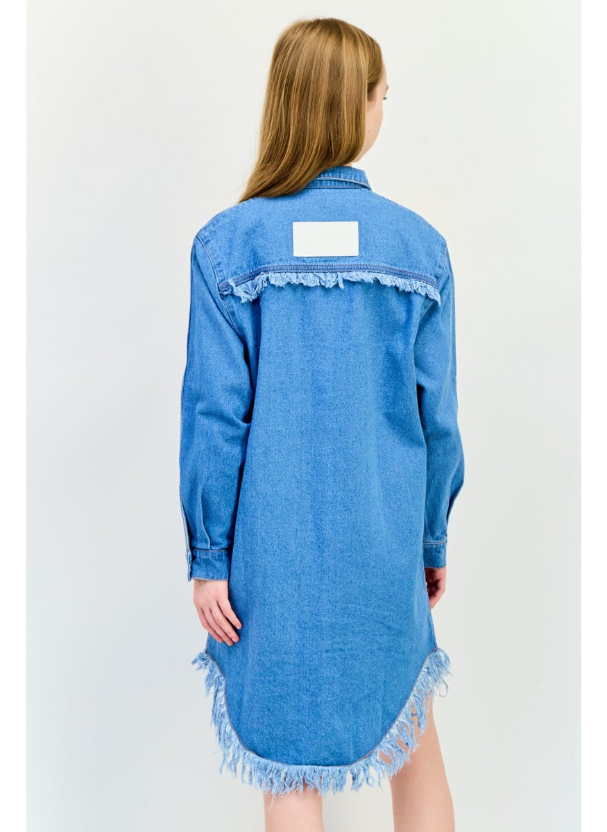 Women Sportswear Fit Washed Denim Outdoor Shirt Dress, Blue
