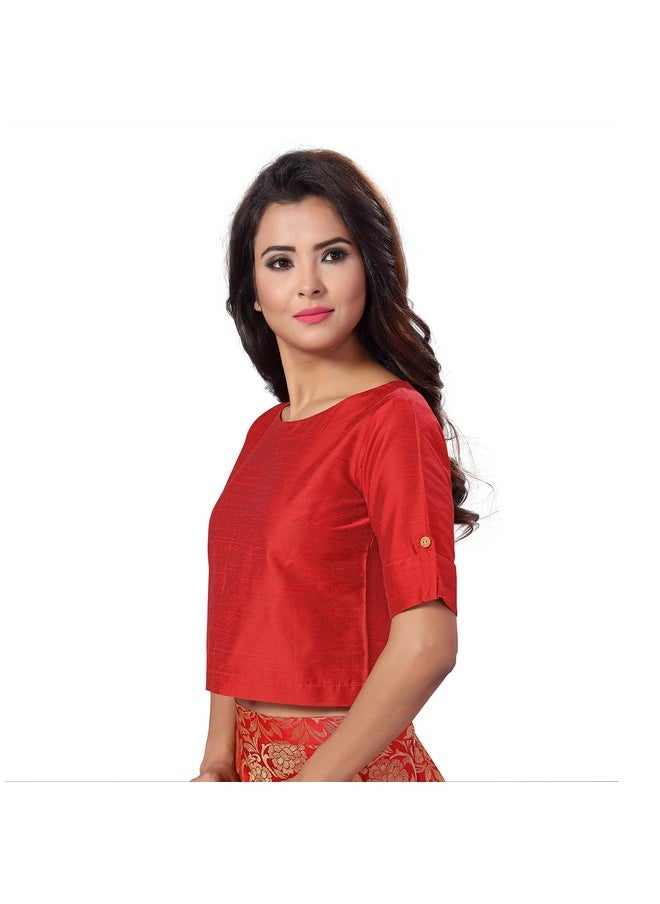 Studio Shringaar Women's Cotton Silk Half Sleeve Crop Top Saree Blouse (Maroon, 36)
