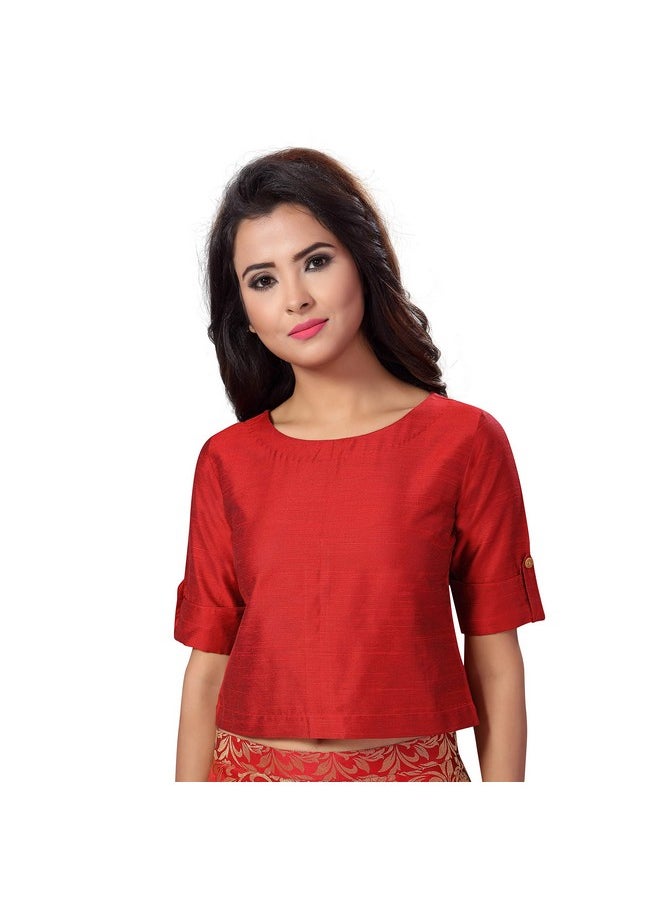 Studio Shringaar Women's Cotton Silk Half Sleeve Crop Top Saree Blouse (Maroon, 36)