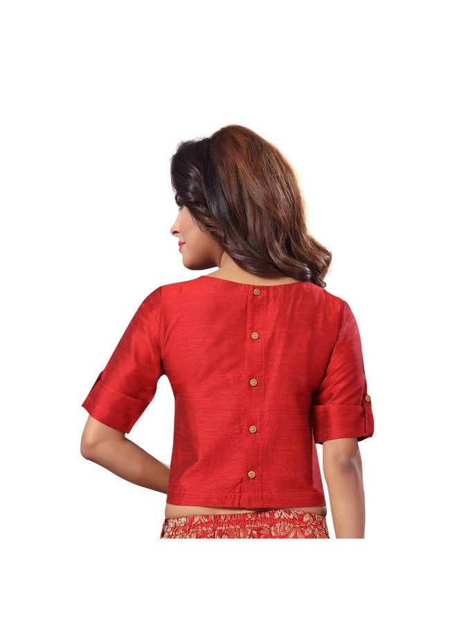 Studio Shringaar Women's Cotton Silk Half Sleeve Crop Top Saree Blouse (Maroon, 36)