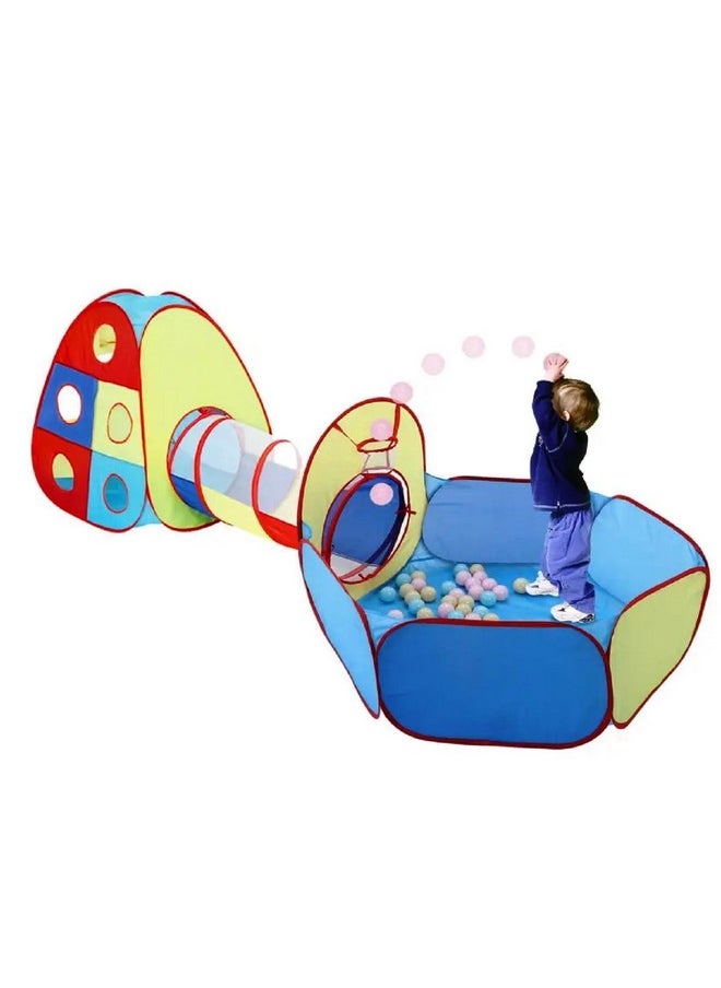 BabyGo Portable Kids 3-In-1 Colorful Tunnel Playhouse Ball Pool Ball Pit Tent Summer Indoor Outdoor Play Fun Toy (Balls Not Included, Multicolour), Playhouse Theme