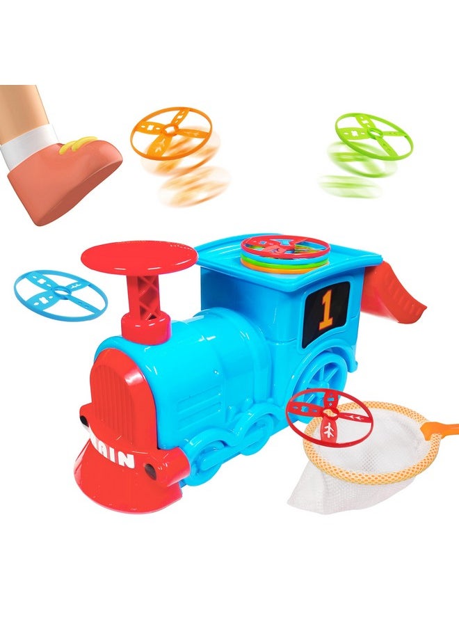 VGRASSP Train Flying Disc Launcher Toy for Kids and Adults with 8 Discs, 2 Catch Nets - Step-On Fly and Catch Flying Saucer Set - Indoor Outdoor Play with Family and Friends - Multicolor