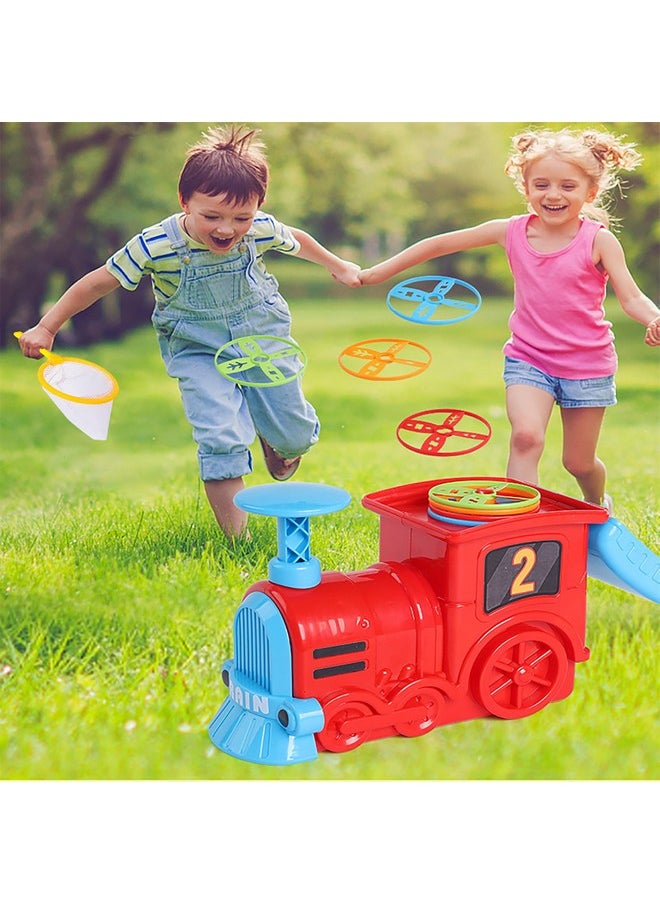 VGRASSP Train Flying Disc Launcher Toy for Kids and Adults with 8 Discs, 2 Catch Nets - Step-On Fly and Catch Flying Saucer Set - Indoor Outdoor Play with Family and Friends - Multicolor