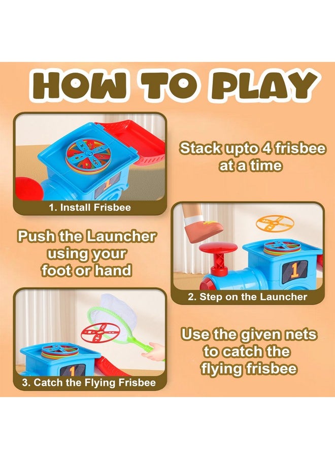 VGRASSP Train Flying Disc Launcher Toy for Kids and Adults with 8 Discs, 2 Catch Nets - Step-On Fly and Catch Flying Saucer Set - Indoor Outdoor Play with Family and Friends - Multicolor