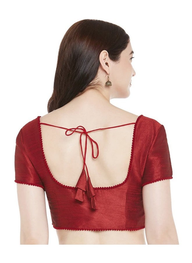 Studio Shringaar Women's Readymade Polyester Padded Saree Blouse with Short Sleeves.(Maroon, 36)