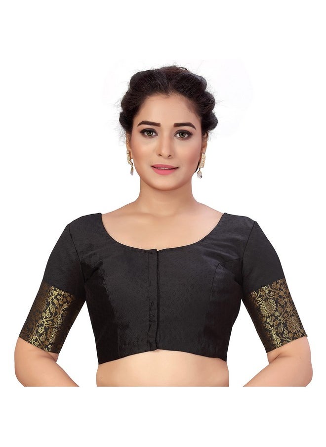 Studio Shringaar Women's Readymade Brocade Saree Blouse with Kanjivaram Border Elbow Length Sleeves(Black, 34)
