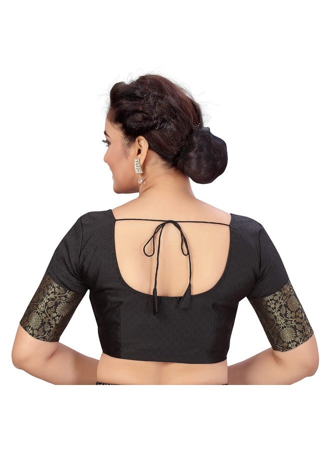 Studio Shringaar Women's Readymade Brocade Saree Blouse with Kanjivaram Border Elbow Length Sleeves(Black, 34)