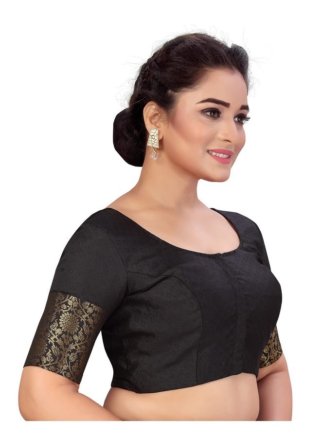 Studio Shringaar Women's Readymade Brocade Saree Blouse with Kanjivaram Border Elbow Length Sleeves(Black, 34)