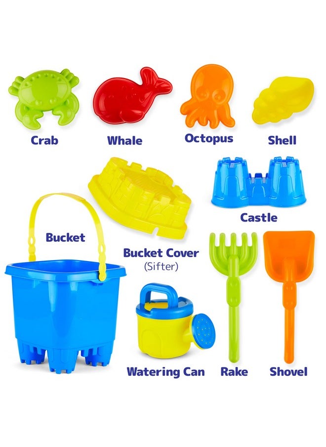 PREXTEX 10 Piece Beach Sand Toys Set for Kids - Bucket with Sifter, Shovel, Rake, Watering Can, 5 Animal and Castle Sand Molds for Kids & Toddlers - Sand Buckets and Shovels for Kids, Beach Toy Set