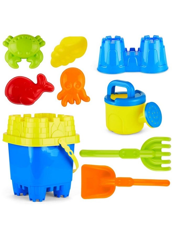 PREXTEX 10 Piece Beach Sand Toys Set for Kids - Bucket with Sifter, Shovel, Rake, Watering Can, 5 Animal and Castle Sand Molds for Kids & Toddlers - Sand Buckets and Shovels for Kids, Beach Toy Set