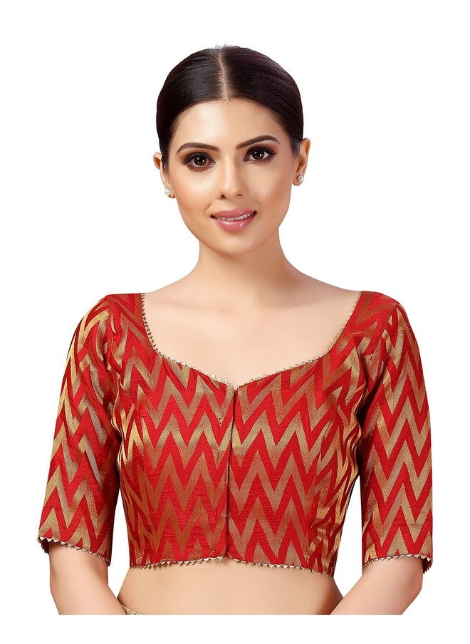Studio Shringaar Women's Readymade Wave Design Banaras Brocade Saree Blouse with Elbow Length Sleeves (Red,46)